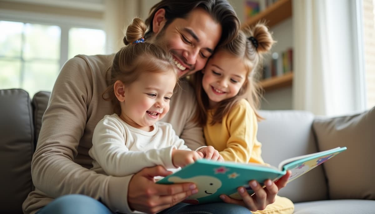Elternteil und Kind lesen gemeinsam auf einem gemütlichen Sofa, umgeben von bunten Bilderbüchern
